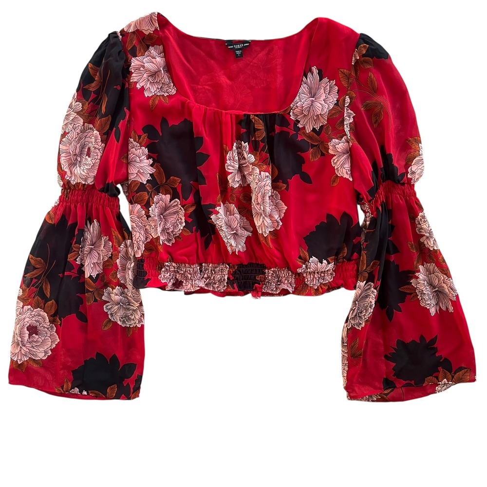Guess Women L Red Floral Bell Long Sleeve Smocked Ruffle Crop Square Neck Blouse